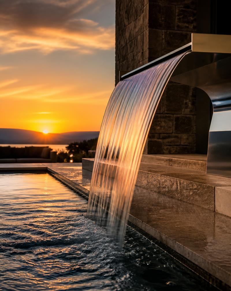 Stainless steel sheer descent waterfall pouring into a modern pool at sunset